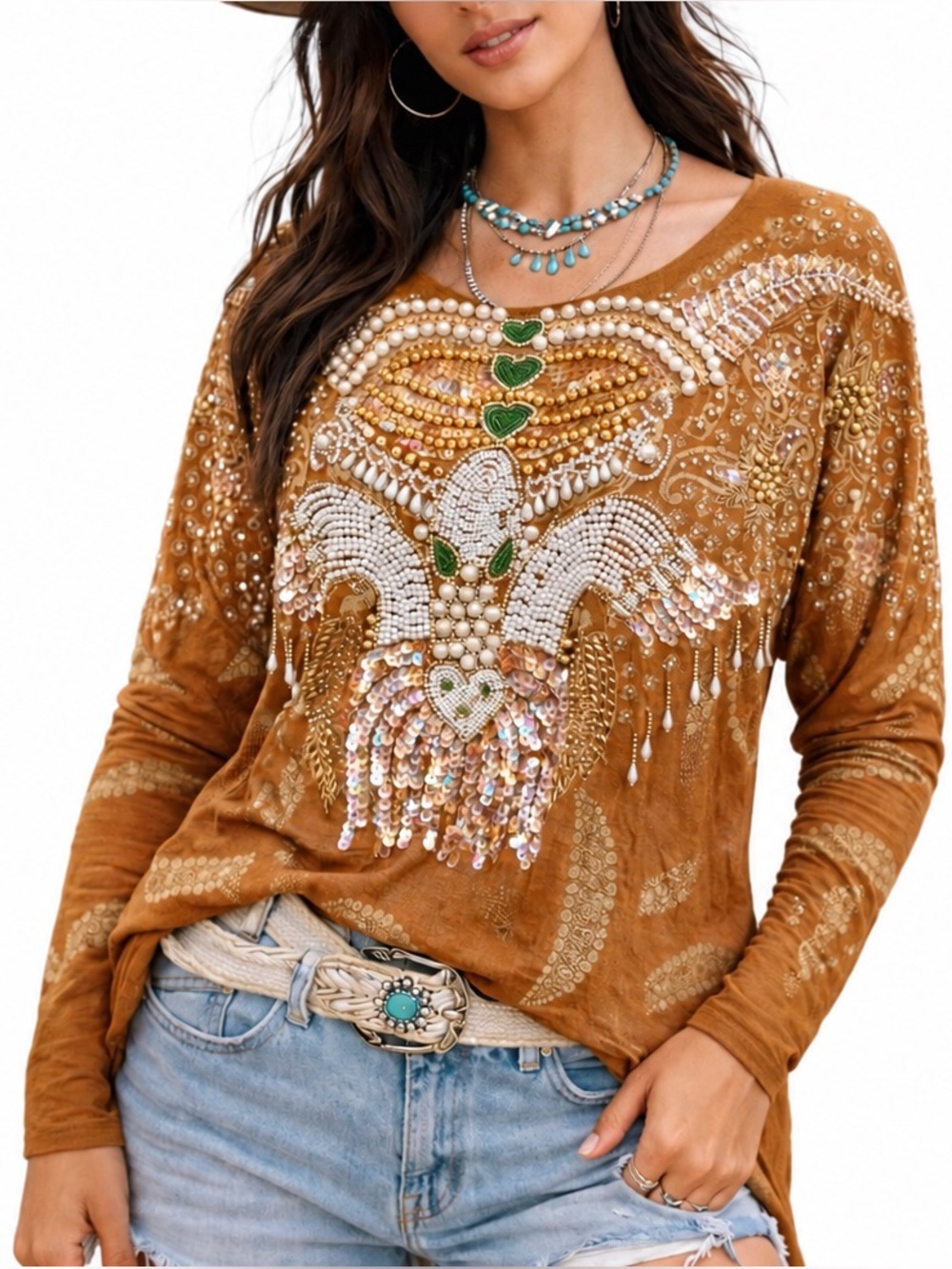 Boho Bali Beaded Sequin Tunic Top OSFM Western Batwing Embellished Festival top